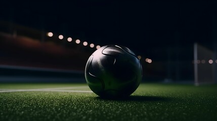 AI generated illustration of a soccer ball in the field illuminated by stadium lights - obrazy, fototapety, plakaty