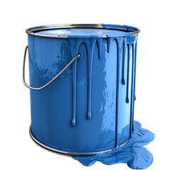 large open can of blue paint with drips, isolated  on transparent background