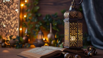 Fototapeta na wymiar Ramadan Kareem decorations, Traditional Lantern with Quran, Ramadan Greeting Background
