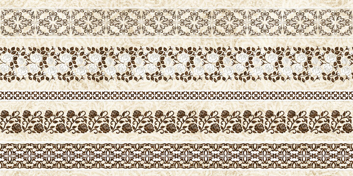Floral geometrical seamless border tile design, flower border with paisley design element, vintage ceramic design for home interior
