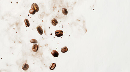 Roasted coffee beans floating on white background with white smoke. Coffee shop concept. Generative AI