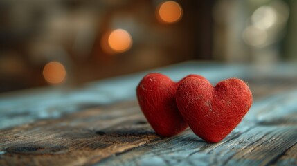 Fototapeta premium AI generated illustration of Two miniature crimson hearts placed delicately on a table