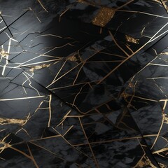 AI generated illustration of a black marble texture with golden lines - seamless pattern