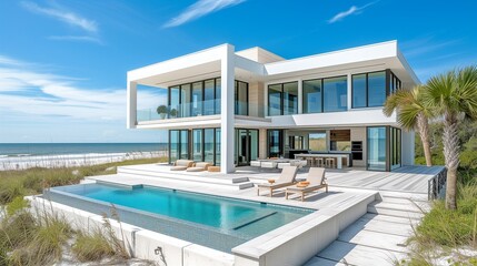 an empty beach house with swimming pool in front of it