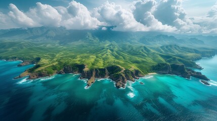 aerial view of a hawaiian island with green mountains and water - obrazy, fototapety, plakaty