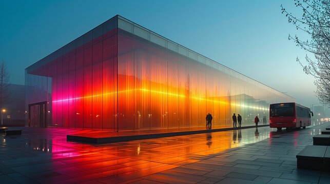 People Outside The Colorful Building, Waiting For A Bus To Pick Up