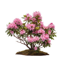 woody bush of pink rhododendron flowers growing in the ground,isolated on transparent background