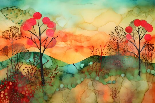 An AI generated illustration of an abstract painting of a beautiful colorful natural landscpae