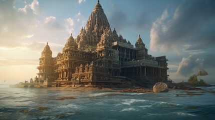 Stunning Hindu temple situated in the middle of the water. AI-generated.