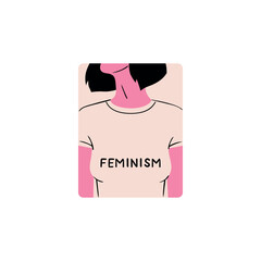 A sticker dedicated to feminism - a girl in a T-shirt with the inscription "Feminism" Stylish and vector illustration for International Women's Day. Badge for women's rights and equality.