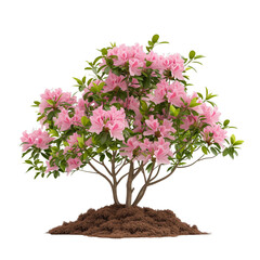 woody bush of pink rhododendron flowers growing in the ground,isolated on transparent background