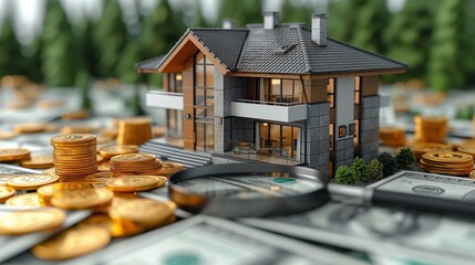 a house and some piles of money, with a house model sitting on top