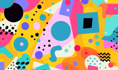 Fun colorful geometric collage with various shapes seamless pattern, 90s style abstract children wallpaper vector