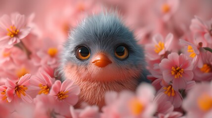 a bird sitting in a bush of pink flowers with a surprised look on it '