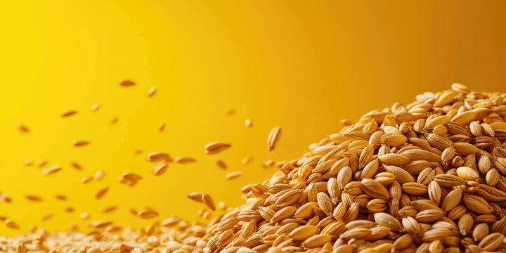 Wheat grains tumbling into a heap against a warm golden background, creating a dynamic texture.