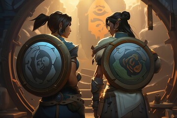 AI generated illustration of two video game characters with shields entering an arena
