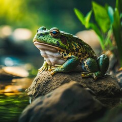 Fototapeta premium AI generated illustration of a green frog perched atop a moss-covered rock in a lush setting