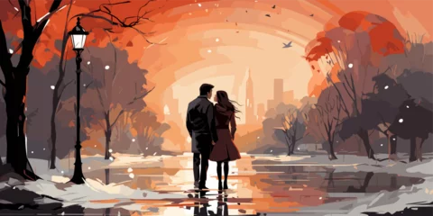 Poster couple in love woman and man kissing outside in winter snow fall romantic cute vector character © Павел Озарчук