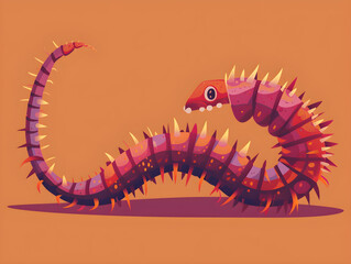 Vibrant Whimsical Fantasy Creature Illustration with Caterpillar Features in Purple, Pink, and Red - Concept of Imagination and Creativity