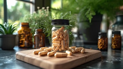 Ashwagandha capsules, herbal dietary supplement on the table