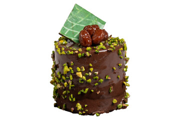 Pistachio cake. Chocolate and pistachio cake isolated on white background.