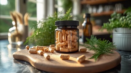 Ashwagandha capsules, herbal dietary supplement on the table