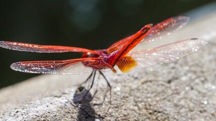 Close-up of a red dragonfly on a stone fence