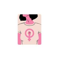 Sticker dedicated to feminism &mdash; a girl in a T-shirt with the feminist icon. Stylish and vector illustration for International Women's Day. Badge for women's rights and equality.