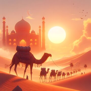 Sunset arabic desert camel caravan muslim islamic culture 3d illustration background