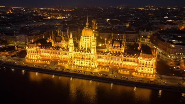 Aerial timelapse video of Hungarian Parliament Building in Budapest