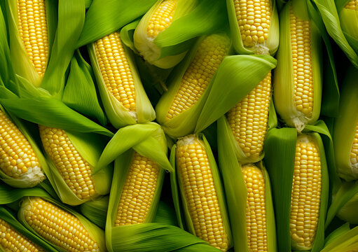 Heap of corn cobs texture, top view background