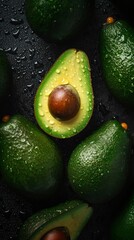 AI generated illustration of fresh avocados with water drops