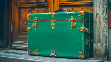 An old vintage-style travel suitcase with a shabby green appearance and brass fittings on stone floor and wooden door background
