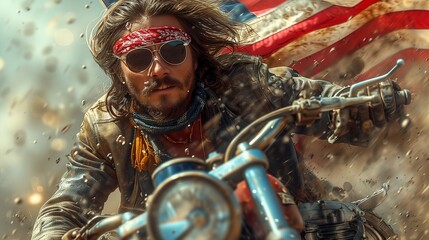 AI-generated illustration of a biker riding a motorcycle with the American flag in the background