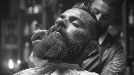 AI generated illustration of a barber skillfully trims beard in monochrome hair salon - obrazy, fototapety, plakaty