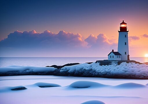 AI generated illustration of a majestic lighthouse on a rocky shore at sunrise in winter