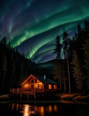 AI generated illustration of a cabin illuminated under a beautiful, glowing aurora borealis
