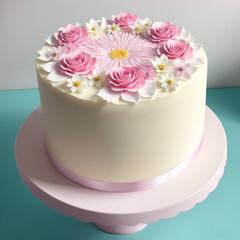 Wedding cake with pink roses. Excellent white cake. Delicate cake on a plate with roses.