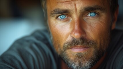 a man with blue eyes sitting and looking forward to camera