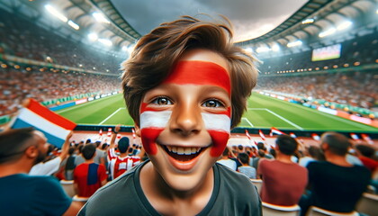 child boy soccer fun with painted face of flag Austria in football stadium - obrazy, fototapety, plakaty