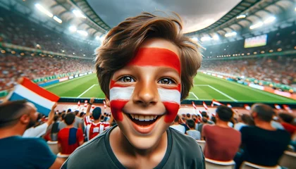 Foto op Plexiglas child boy soccer fun with painted face of flag Austria in football stadium © dobok