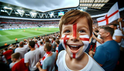 child boy soccer fun with painted face of flag England in football stadium - obrazy, fototapety, plakaty