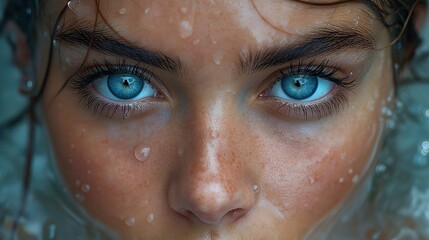 a woman with large blue eyes and wet hair swims in water