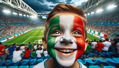 child boy soccer fun with painted face of flag Italy in football stadium
