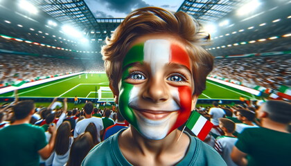 child boy soccer fun with painted face of flag Italy in football stadium - obrazy, fototapety, plakaty