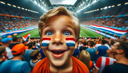 child boy soccer fun with painted face of flag Netherlands in football stadium