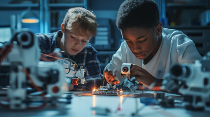 nature of STEM education, with students working on a robotics project, combining engineering and technology interdisciplinary nature of STEM education