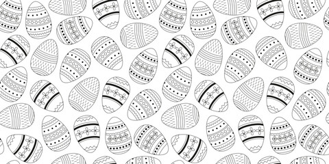 Linear Easter eggs seamless pattern. Holiday decorative eggs. Outline doodles and icons. Line art. Spring holidays. Coloring page. Background, digital paper.