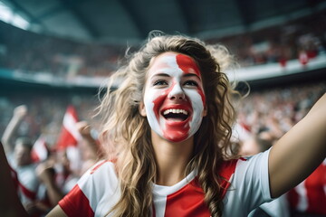 woman soccer fun with painted face of flag Austria in football stadium - obrazy, fototapety, plakaty