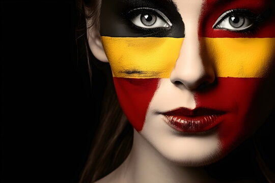 woman soccer fun with painted face of flag Germany isolated on black background